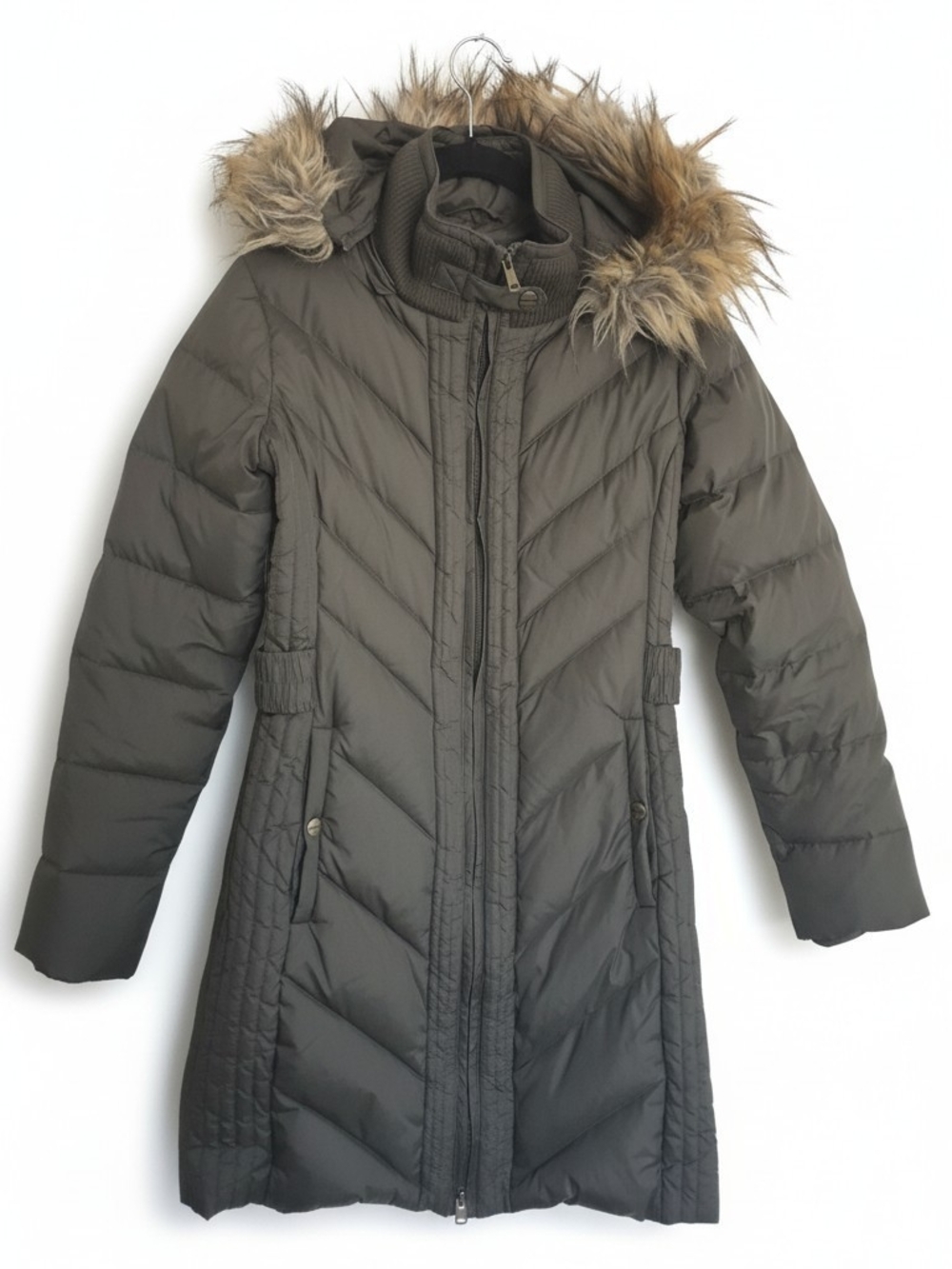 Larry Levine Women’s Hooded Faux Fur Trim Down Puffer Coat Zip Pockets Green Xs